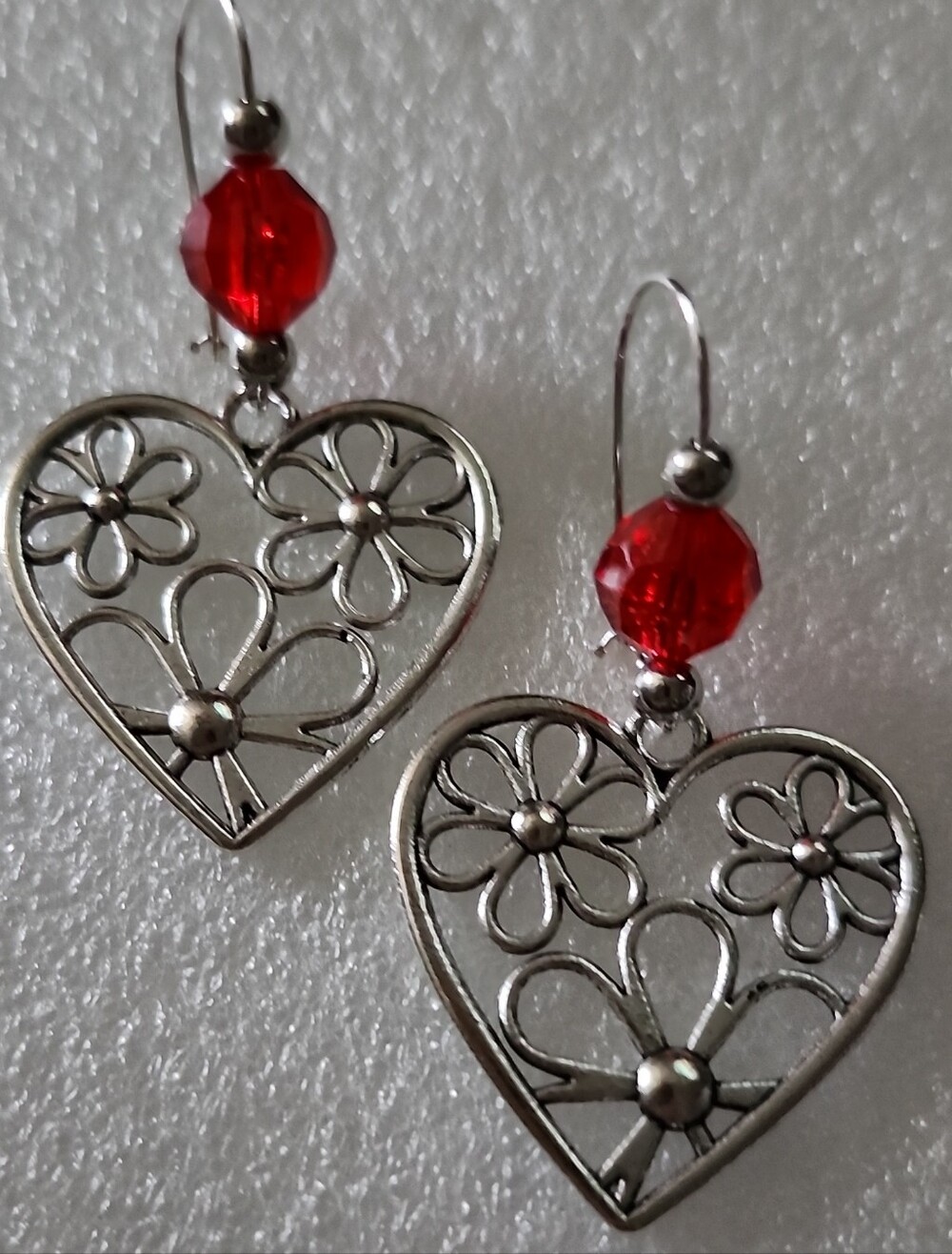 Hand Crafted Silver Heart Floral Drop Earrings with Red Beads